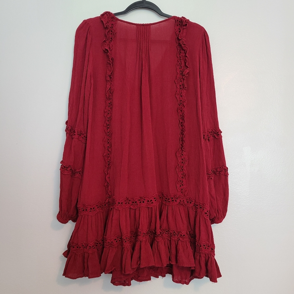 Free People Snow Angel Ruffle Eyelet V-neck Boho Bohemian Mini Dress in Wine - Picture 12 of 12